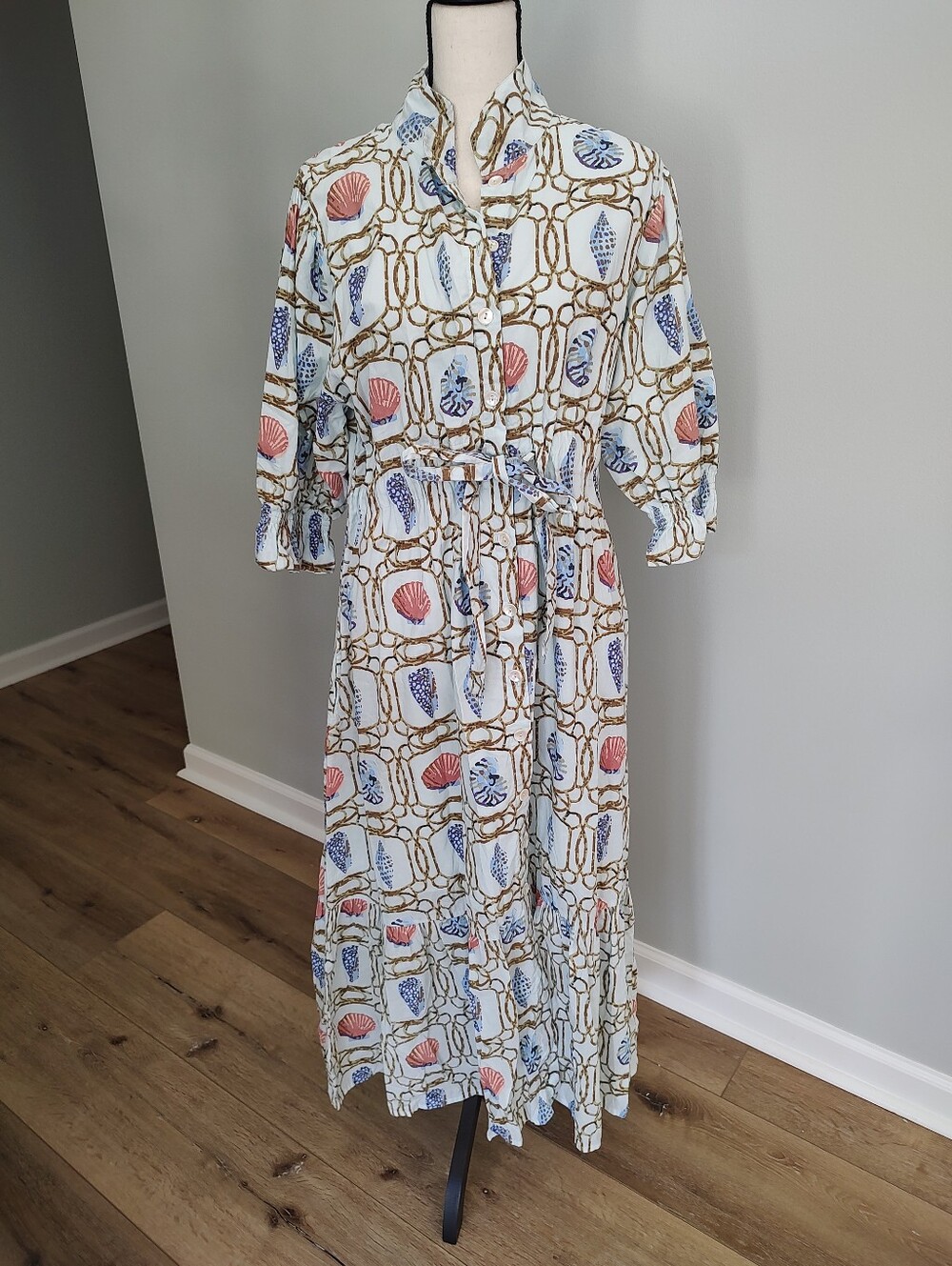 Holly Shae Coastal Preppy Oyster Seaside Shell Smocked Maxi Dress Light Blue